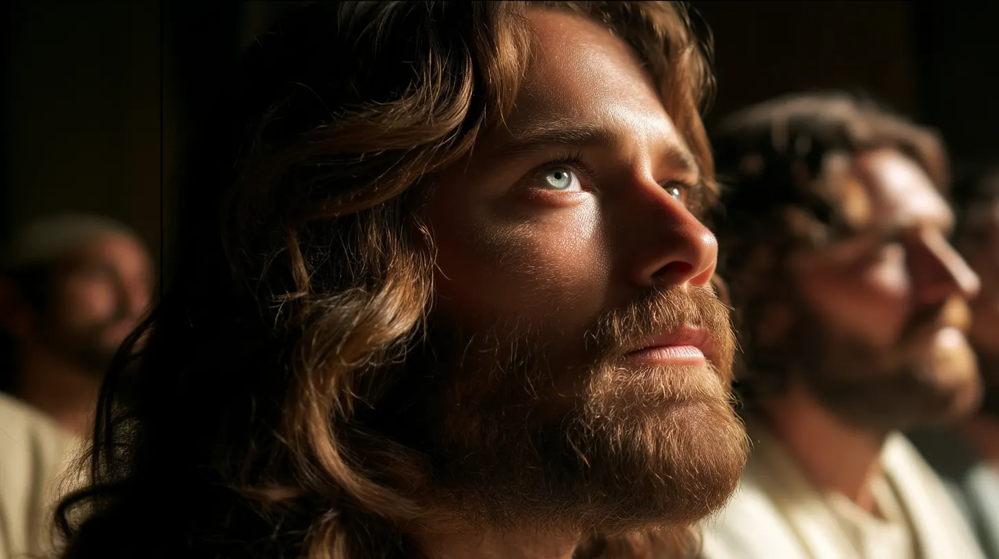 Older bearded man in biblical clothing looking upward