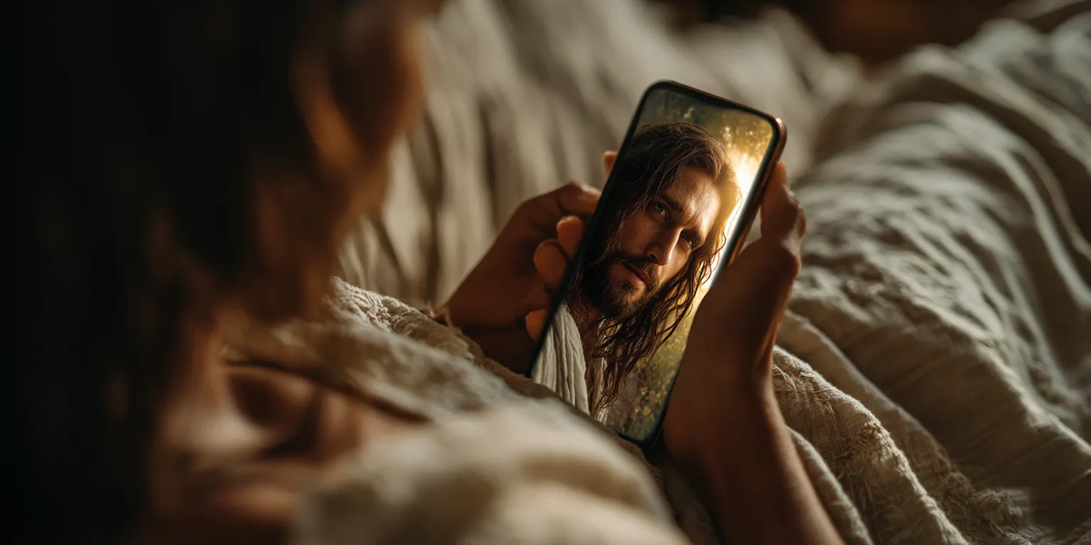 Person in bed watching a close-up of Jesus on a phone