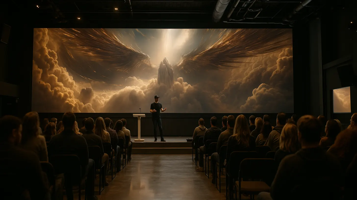 Pastor speaking beneath a screen of angel wings over clouds